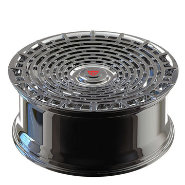 Custom forged monoblock chrome rim, designed for Cadillac CT6, showcasing intricate spiral pattern and high shine finish.
